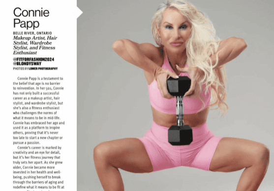 Blonde woman in pink workout clothes lifting dumbbells in a squat pose.