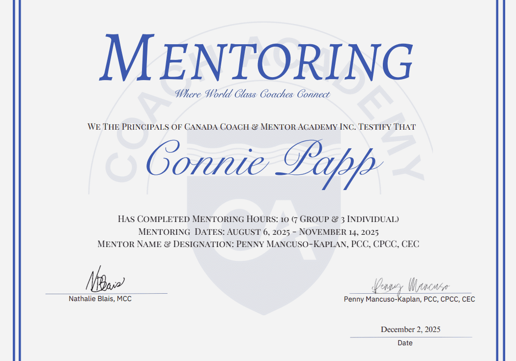 Mentoring certificate awarded to Connie Papp for leadership and commitment.