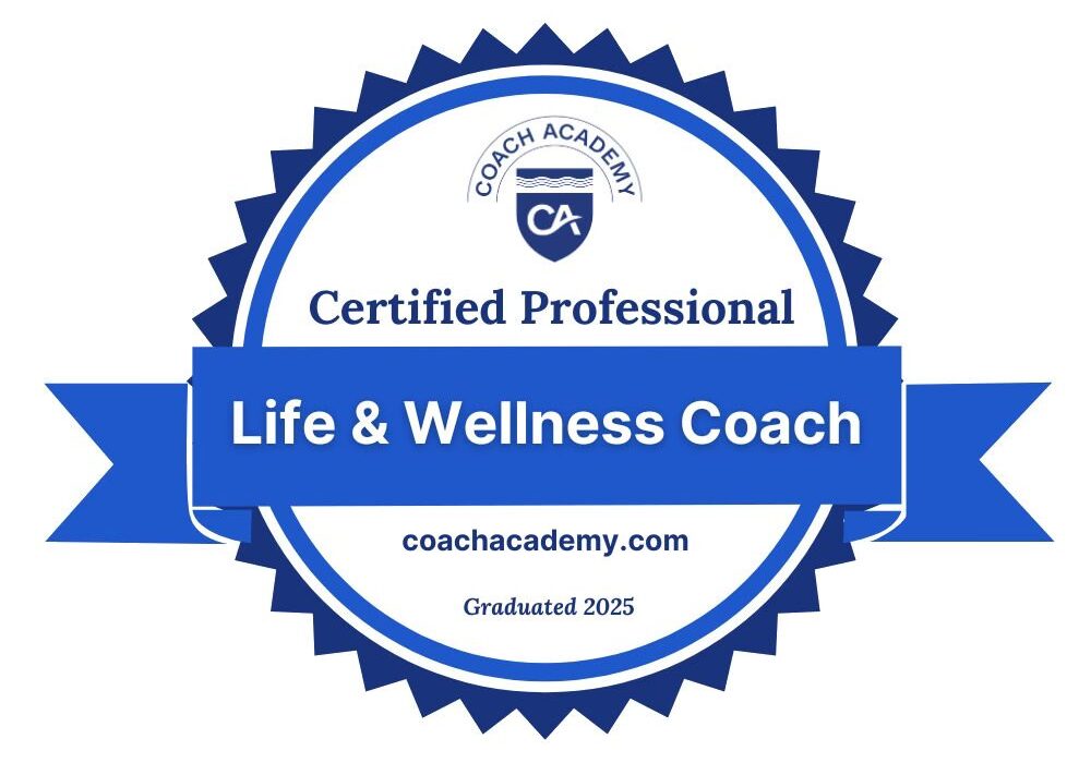 A blue and white badge for Certified Life & Wellness Coach.